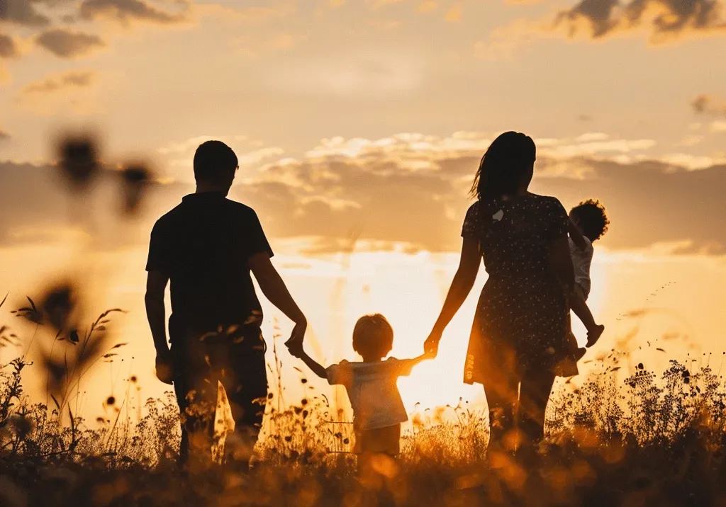 Una famiglia in controluce in un prato al tramonto: il papà e la mamma tengono per mano un bambino, la mamma ha in braccio il più piccolo