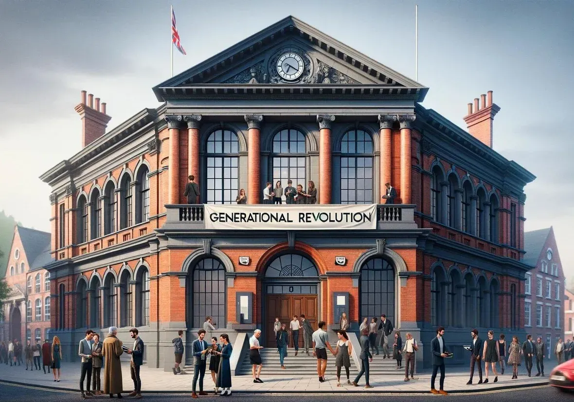 Illustrazione di un municipio in mattoni rossi con lo striscione «Generational Revolution» e persone di tutte le età davanti all'ingresso