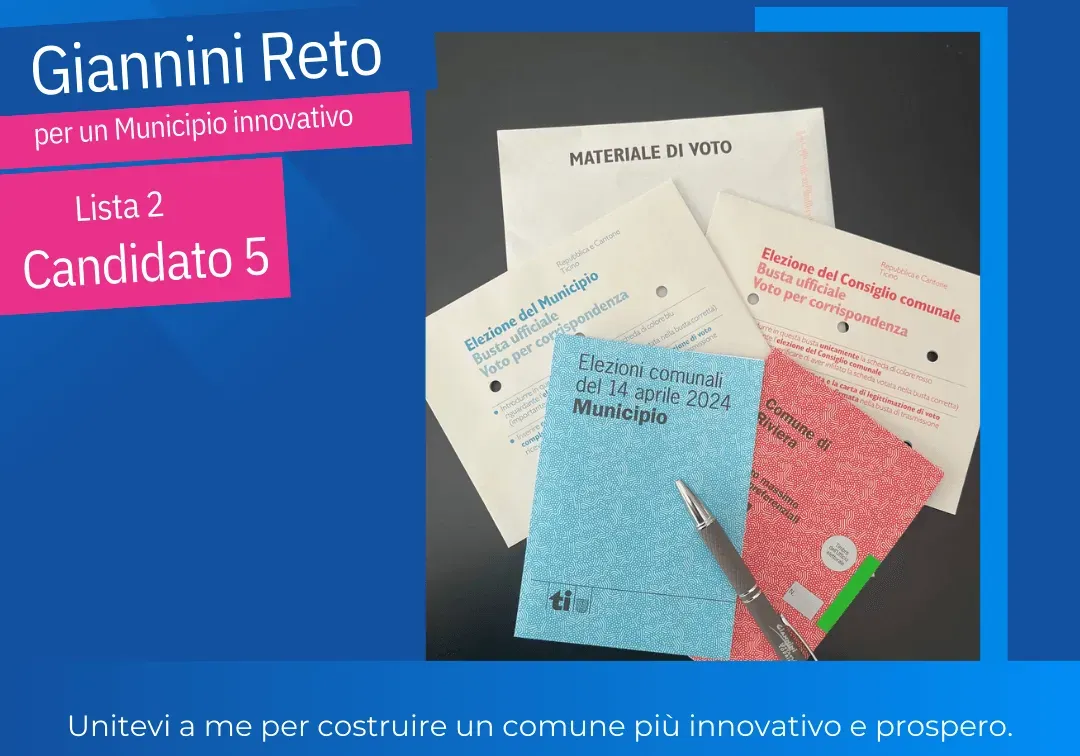 Grafica della campagna «Giannini Reto, per un Municipio innovativo, Lista 2, Candidato 5» con il materiale di voto per le elezioni comunali del 14 aprile 2024